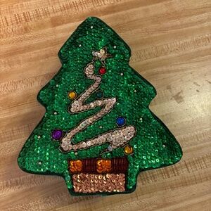 Green Fabric Sequin Christmas Tree Gift Box 8 3/4" Tall